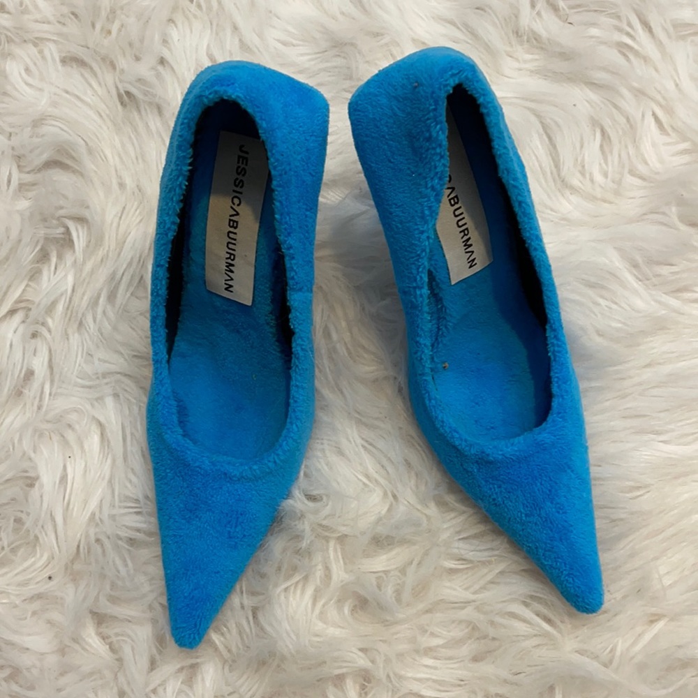 Fuzzy blue low pointed toe heel